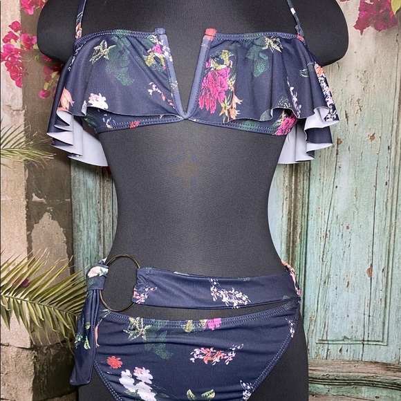 Two Piece Set Swimsuit Sexy Deep V Ruffle Bikini High Waist - Picture 5 of 10